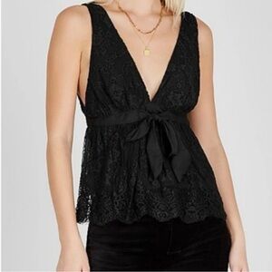 Free People Black Chante Lace V Neck Tank Top, Size Small